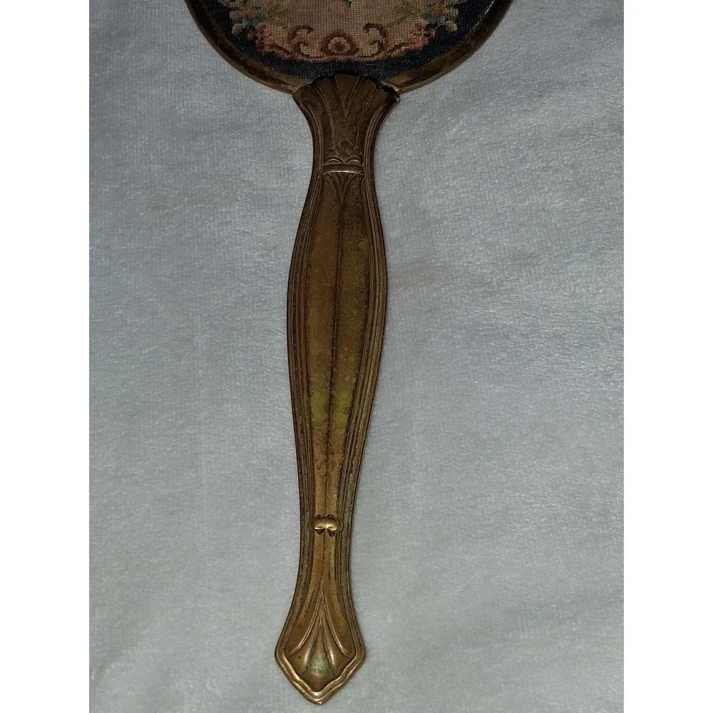 Vintage Floral Petit Point Hand Mirror Brass Tone Vanity Mirror 13.25